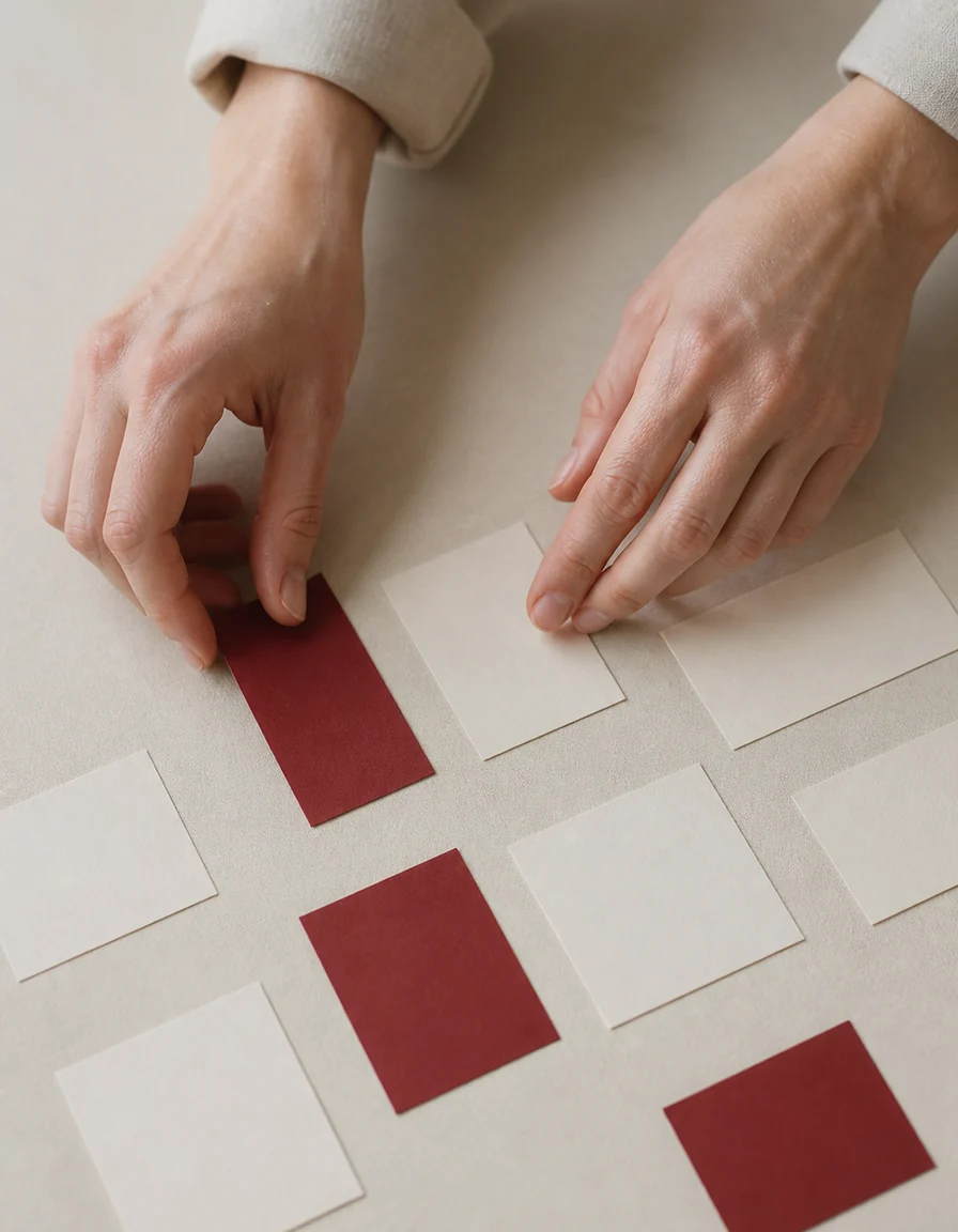 Hands arranging blank paper rectangles on a warm bone-coloured tabletop in soft window light