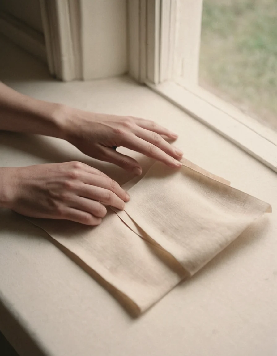 Hands arranging blank paper rectangles on a warm bone-coloured tabletop in soft window light