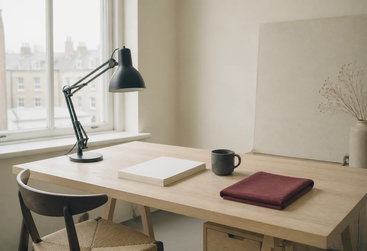 A bright London studio with tall sash windows, a pale oak floor, a work table with an anglepoise lamp, and an oxblood velvet chair