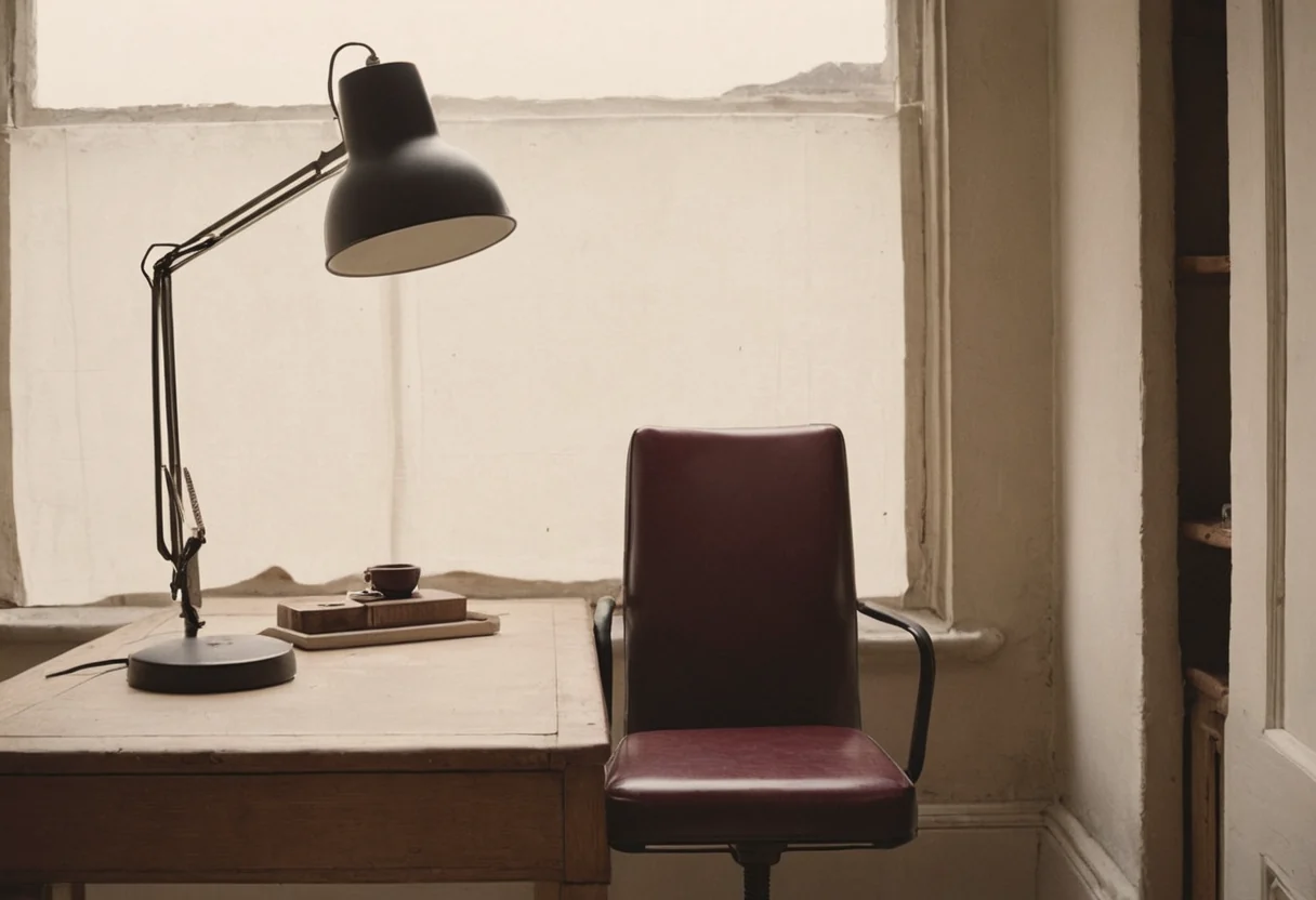 A calm designer’s desk in a London studio with an anglepoise lamp, stacked paper and a folded red cloth