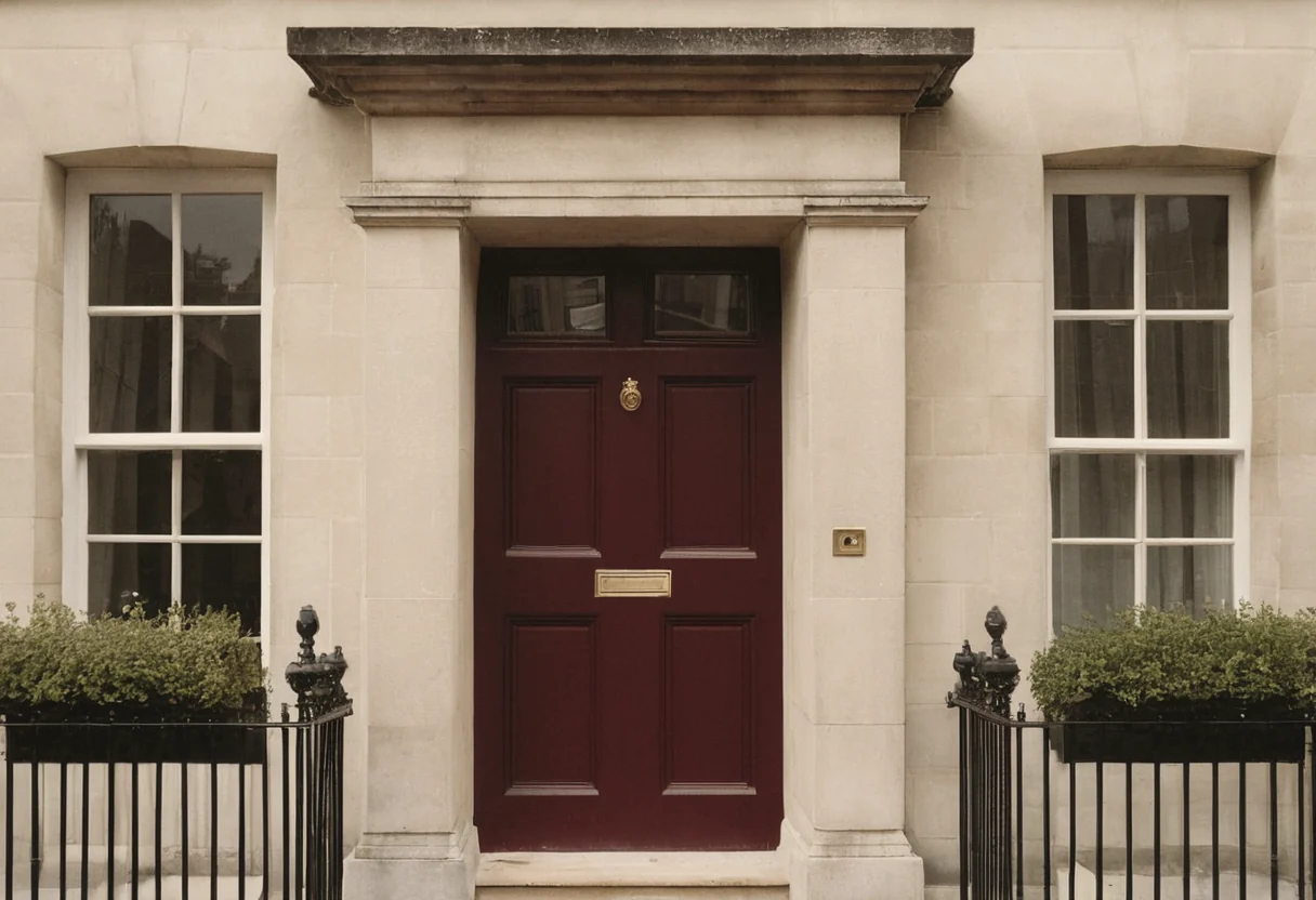 A London Georgian terrace with tall sash windows and a deep red painted front door