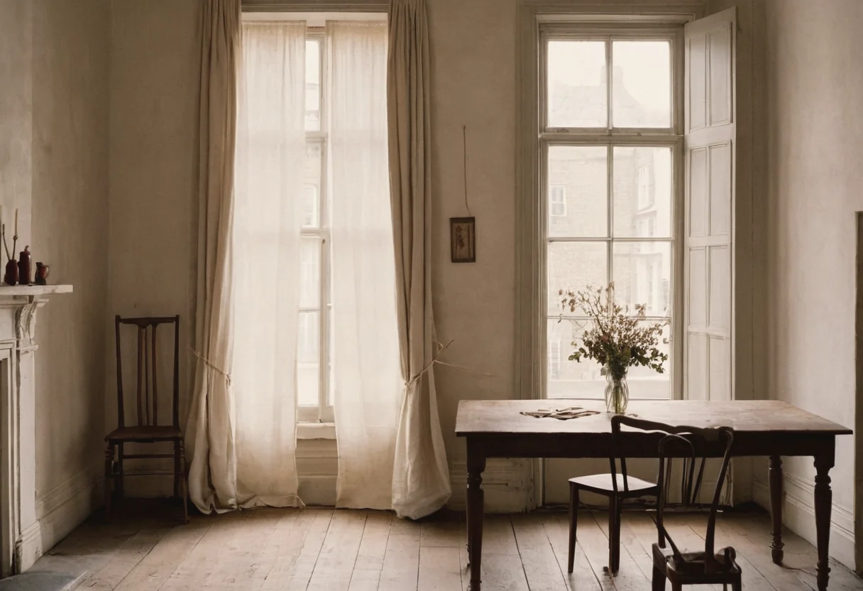 A quiet London studio interior: tall sash window, oak worktable, stacked paper and folded red cloth