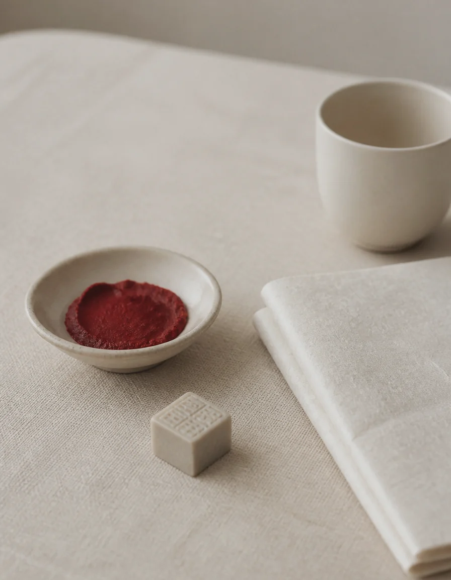 Still life of a carved stone seal, red seal paste, folded mulberry paper and a cream ceramic cup