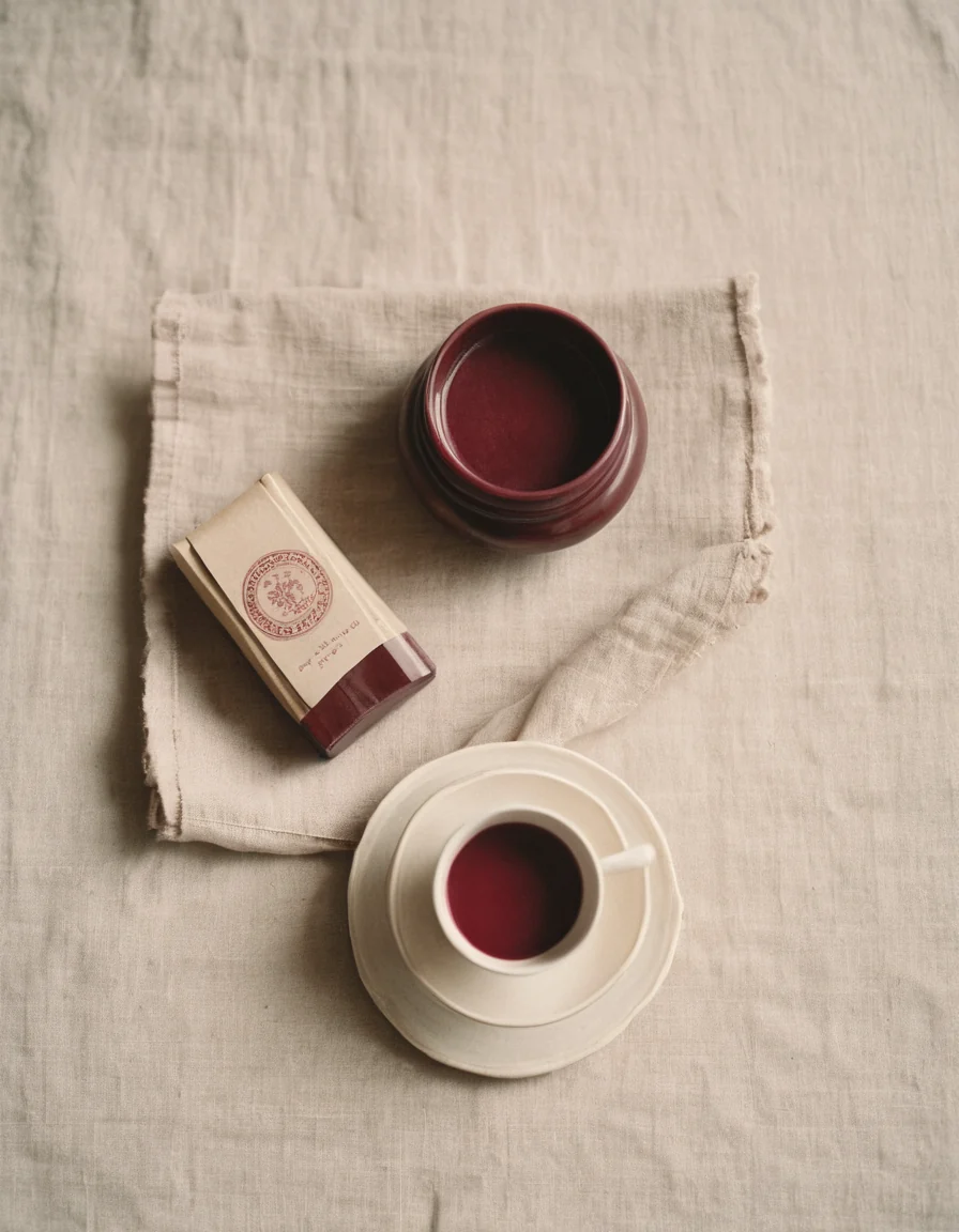 Still life of a carved stone seal, red seal paste, folded mulberry paper and a cream ceramic cup