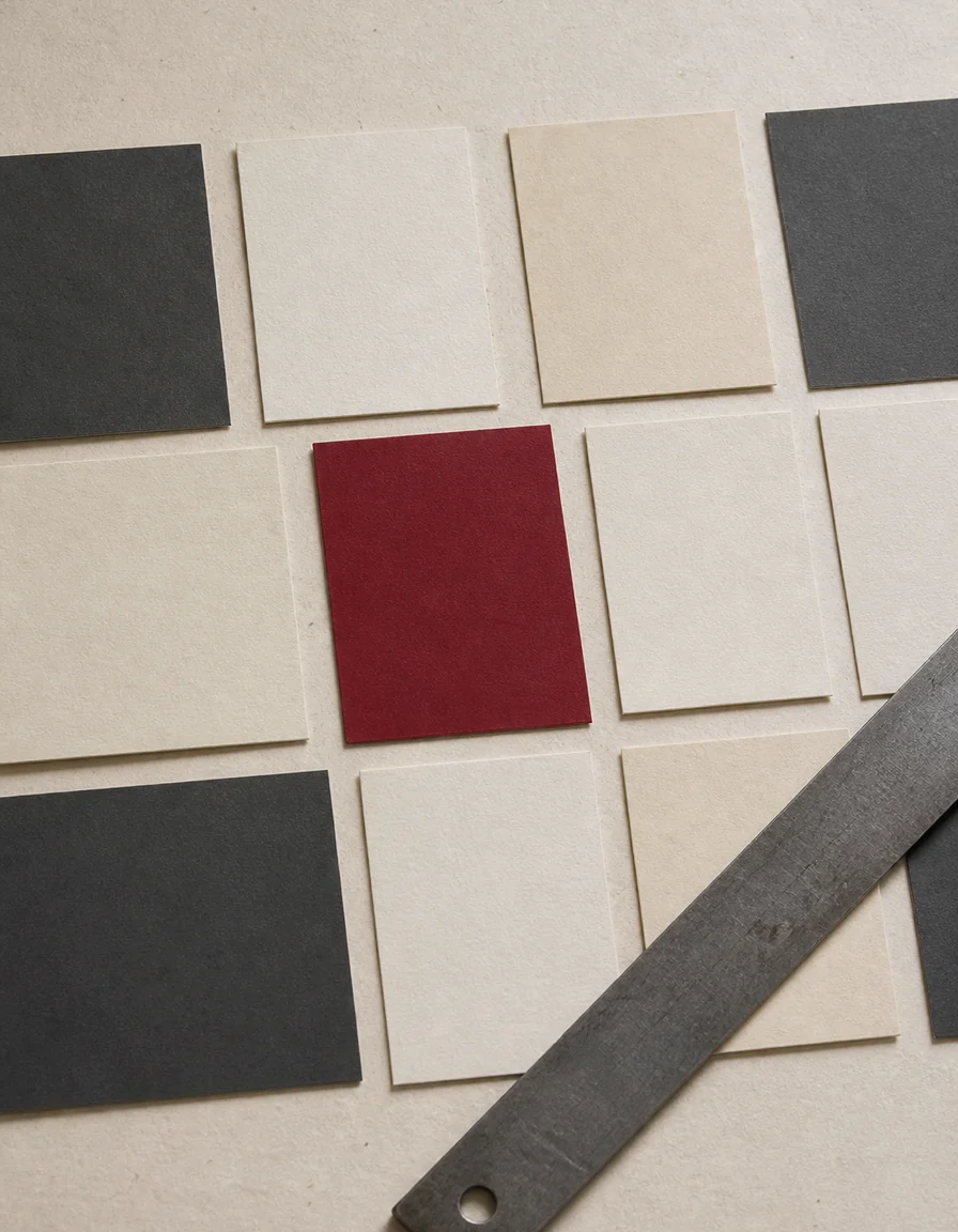 Overhead view of blank cards laid out in a grid on bone-coloured paper with a steel ruler