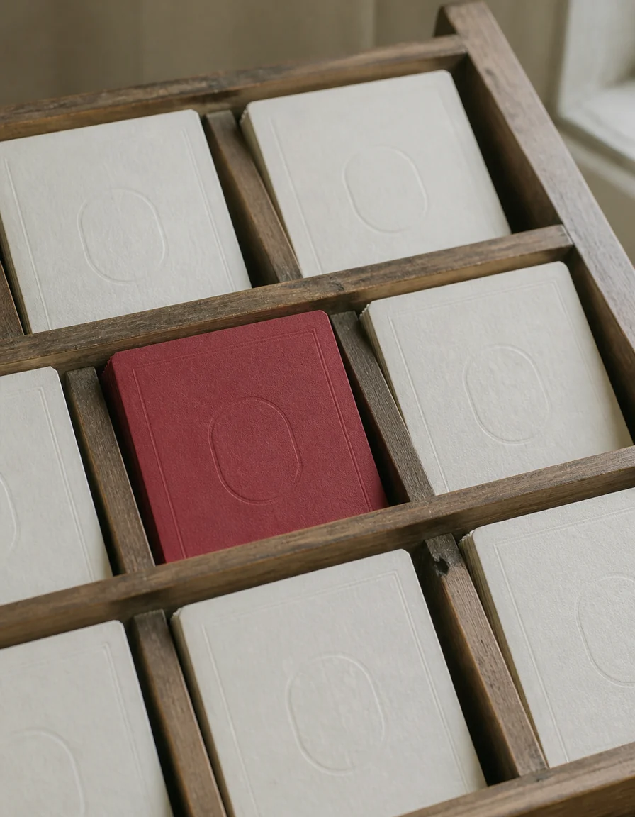 Letterpress tray of blind-embossed cream cards with one card inked in deep oxblood red