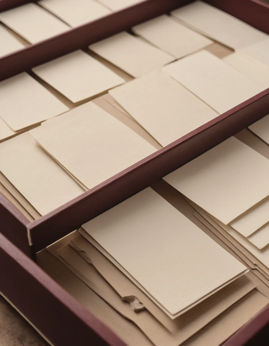 Letterpress tray of blind-embossed cream cards with one card inked in deep oxblood red